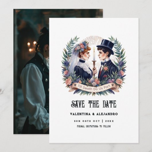 "Tot de Dood Ons Scheidt" Gotische Foto Save The Date (Voorkant / Achterkant)