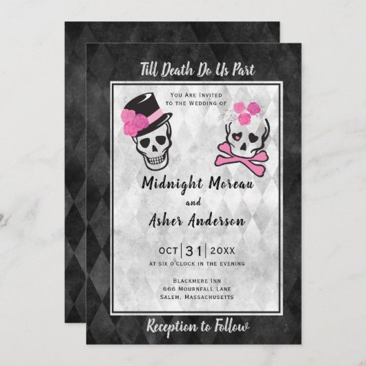 Tot de dood ons scheidt Schedels Hoed en Bloemen Kaart (Voorkant / Achterkant)