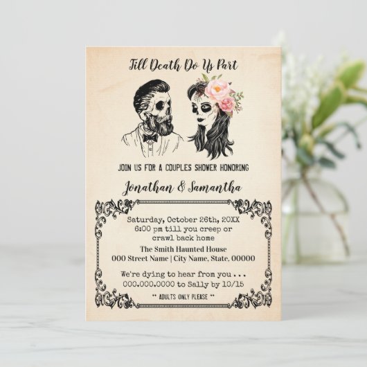 Tot de dood ons scheidt schedels koppels bruiloft kaart (Staand voorkant)