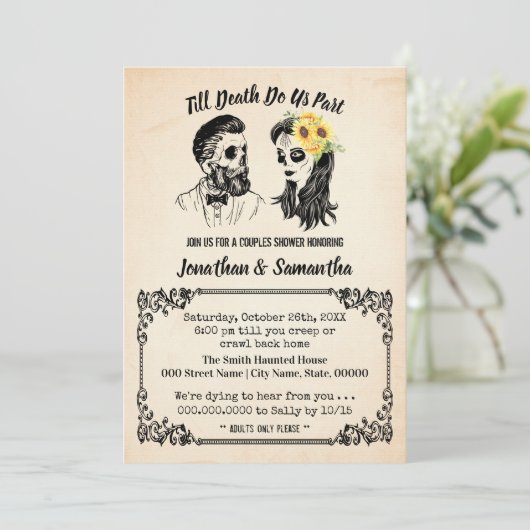 Tot de dood ons scheidt schedels koppels bruiloft kaart (Staand voorkant)