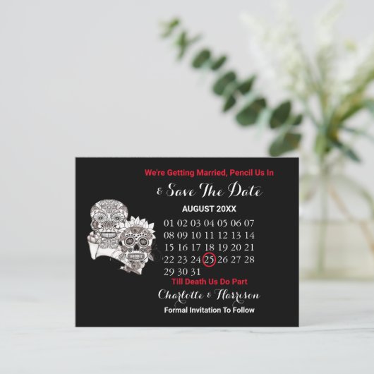 Tot de dood ons scheidt Schedels Rood Zwart Bruilo Aankondigingskaart (Staand voorkant)