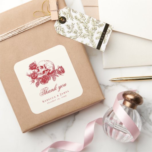 Tot de dood Rode schedel Rozen Gotische bruiloft Vierkante Sticker (Geschenken)