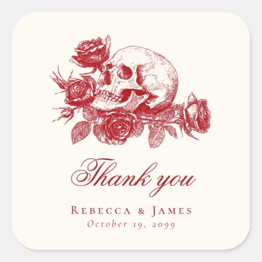 Tot de dood Rode schedel Rozen Gotische bruiloft Vierkante Sticker (Voorkant)