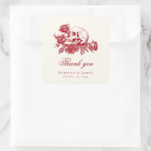 Tot de dood Rode schedel Rozen Gotische bruiloft Vierkante Sticker (Tas)