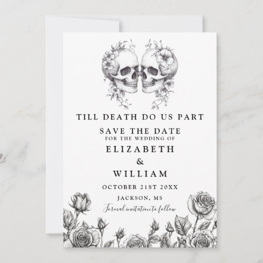 Tot Dood Gotische Schedels Bloemen Foto Huwelijk Save The Date (Voorkant)