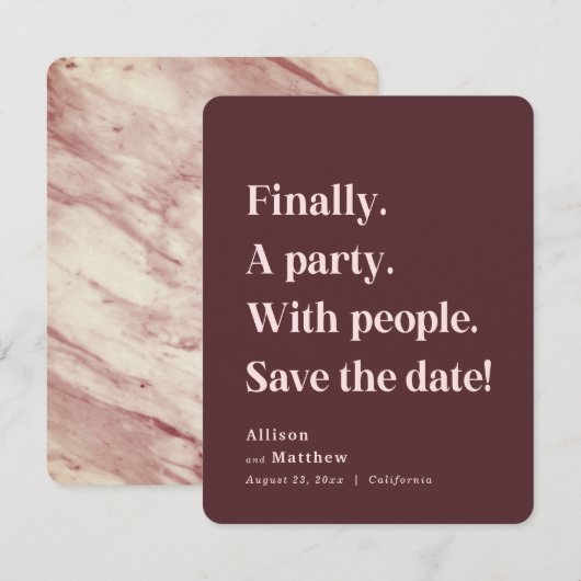 Tot slot een partij Eenvoudige Tekst Marsala Minim Save The Date (Voorkant / Achterkant)