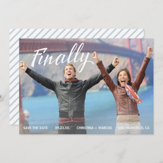 Tot slot sparen de Datum Blauwe Stripe Save The Date (Voorkant / Achterkant)