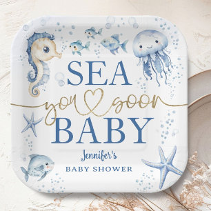 Tot Ziens Baby Borrel Jongen Navy Blauwe Oceaan Papieren Bordje