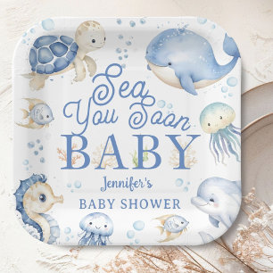 Tot Ziens Baby Shower Jongen Blauwe Oceaan Papieren Bordje