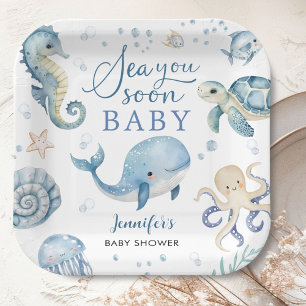 Tot Ziens Baby Shower Jongen Blauwe Oceaan Papieren Bordje