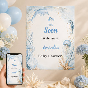 Tot Ziens Blauwe Welkom Baby Shower Poster