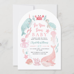 Tot ziens Cute Ocean Dieren Meisje Baby Shower  Kaart
