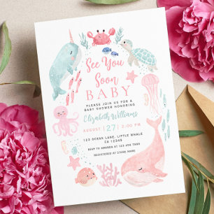 Tot Ziens Mooie Oceaan Dieren Meisje Baby Shower Kaart