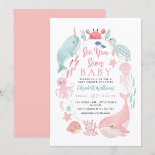 Tot Ziens Mooie Oceaan Dieren Meisje Baby Shower Kaart
