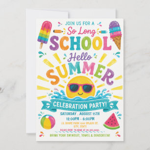 Tot ziens school, hallo zomer, kleurrijk poolparty kaart