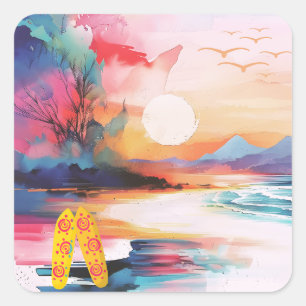 Tot Ziens Waterverf Strand Thema Vierkante Sticker