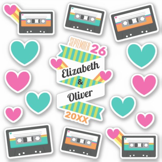Totaal jaren '80 Cassettes en harten Bruiloft Viny Sticker (Voorkant)
