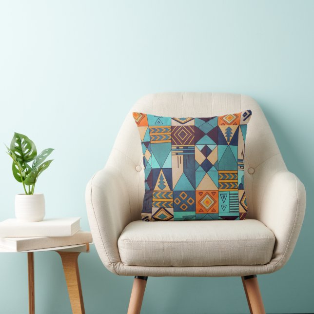 Totaal Turquoise & Oranje Patchwork Kussen (Stoel)