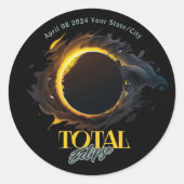 Totaal Zonsverduistering 2024 Uw Stad Staat Zwart Ronde Sticker (Voorkant)