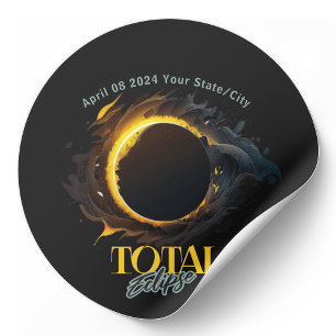 Totaal Zonsverduistering 2024 Uw Stad Staat Zwart Ronde Sticker