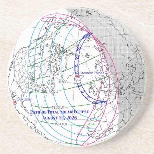 Total Solar Eclipse 2026 Map Zandsteen Onderzetter (Voorkant)