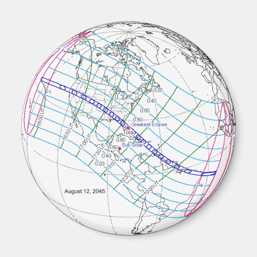 Totale Zonsverduistering 2045 Global Path Magneet (Voorkant)