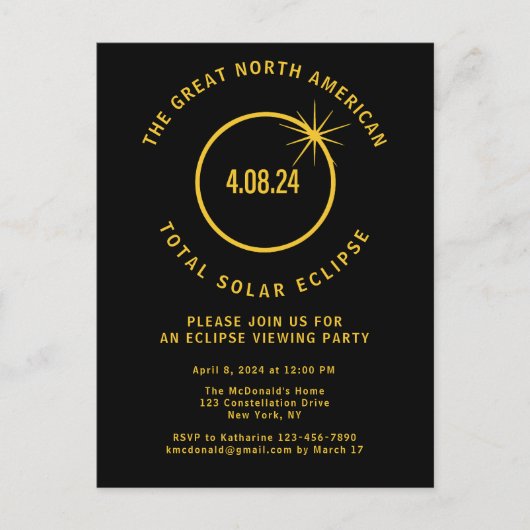 Totale Zonsverduistering 4/8/2024 USA Bezichtiging Uitnodiging Briefkaart (Voorkant)