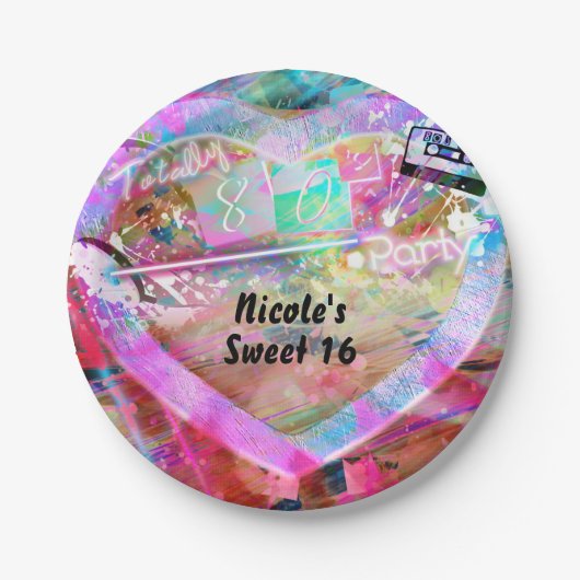 Totally 80's Bright Fun Heart Verjaardagsfeestje Papieren Bordje (Voorkant)