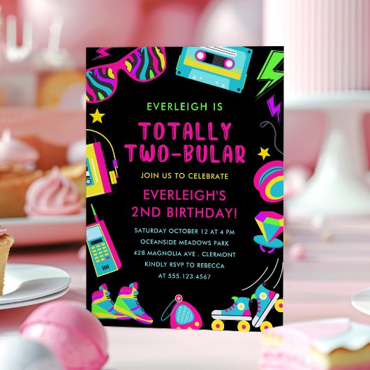 Totally Twobular Neon 80s Tweede Verjaardagsfeest Kaart