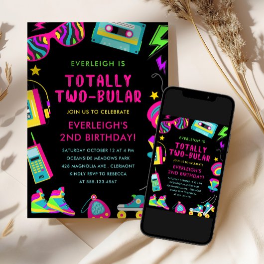Totally Twobular Neon 80s Tweede Verjaardagsfeest Kaart