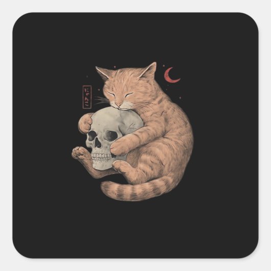Totdat de Dood Ons Scheidt Feest Kat Schedel Klass Vierkante Sticker (Voorkant)
