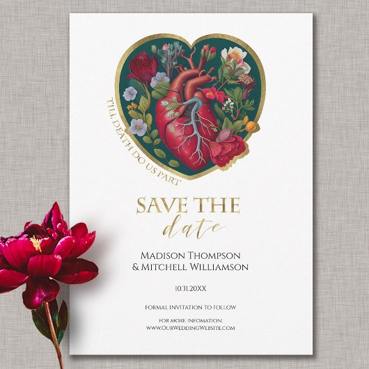 Totdat de dood ons scheidt Gothic hart gouden Hall Save The Date