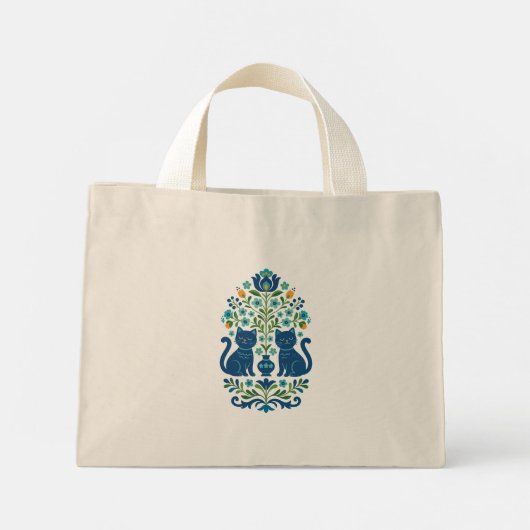 Tote Bag - Blue Folk Art Cats – Whimsical Floral C (Achterkant)