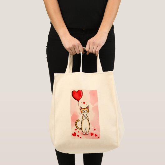 Tote Bag Cat Love Red Hearts  (Voorkant (product))