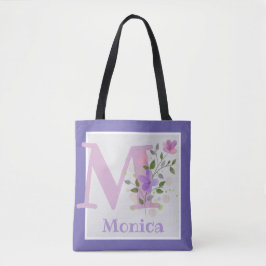 Tote Bag met eerste initiaal plus naam met bloemen