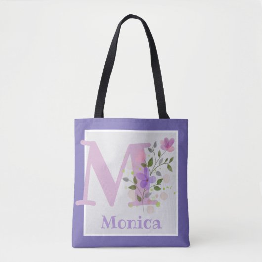 Tote Bag met eerste initiaal plus naam met bloemen (Voorkant)