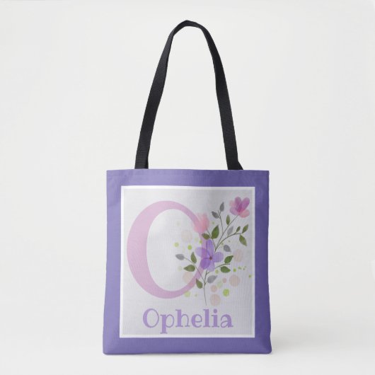 Tote Bag met eerste initiaal plus naam met bloemen (Voorkant)