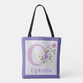Tote Bag met eerste initiaal plus naam met bloemen (Achterkant)