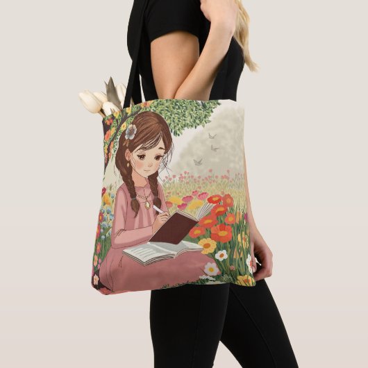Tote bolsa Menina escrevendo em um campo de flores Tote Bag (Dichtbij)