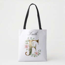 Tote met overal bedrukt met gouden bloemenletter F Bag