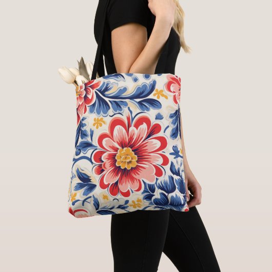 Tote tas met levendig bloemmotief met rood (Dichtbij)