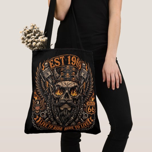 ToteEst 1969 Baardige Schedel Biker Tote Bag (Dichtbij)
