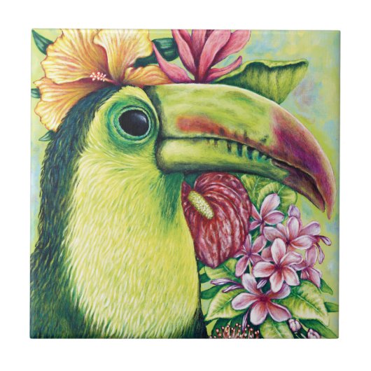 Toucan Bird Floral Tropical Green Art Keramische T Tegeltje (Voorkant)