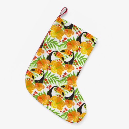 Toucan Bird Orange Flowers Green Leaves Tropical Kleine Kerstsok (Voorkant (Hangend))