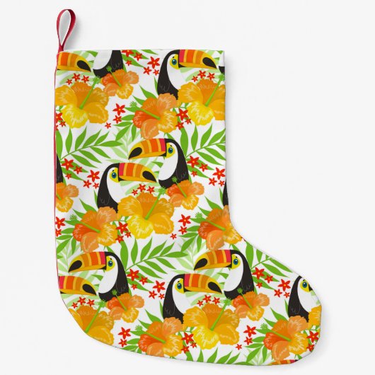 Toucan Bird Orange Flowers Green Leaves Tropical Kleine Kerstsok (Voorkant)