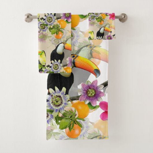 Toucan Birds, Passion Flowers, Plumeria Tropical Bad Handdoek (Insitu)