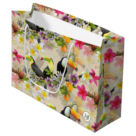 Toucan Birds, Passion Flowers, Plumeria Tropical L Groot Cadeauzakje (Voorkant Gekanteld)