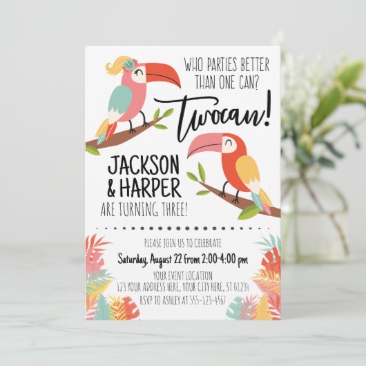 Toucan Birthday Invitation Siblings Brother Sister Kaart (Staand voorkant)