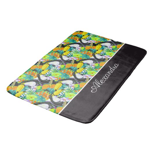 Toucan Black and White Monogram Tropical Flower Badmat (Gekanteld)