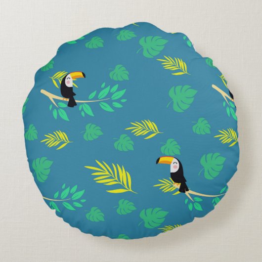 Toucan Blauw en Groen Tropisch Regenwoud Rond Kussen (Achterkant)